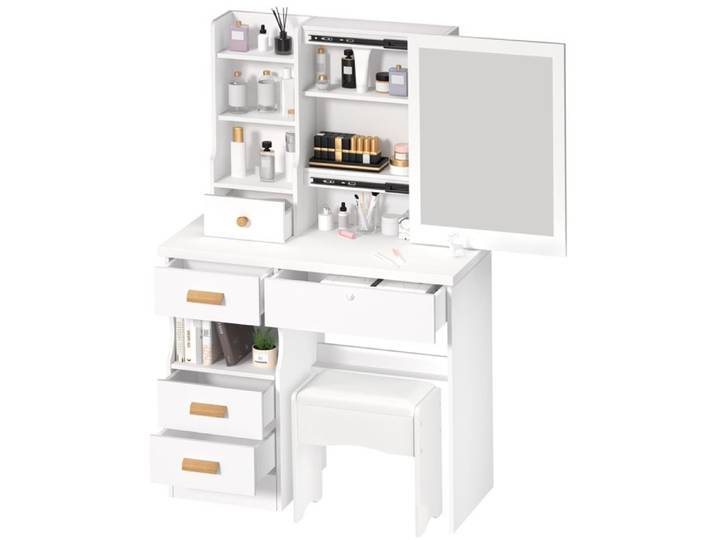 Coiffeuse avec Miroir Intégré Coulissant - FIANAO - Espace de Rangement Multifonction - Design Stable et Durable - 80x40x135cm
