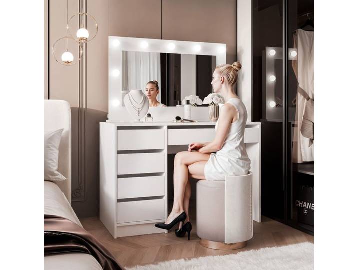 Coiffeuse BELLA II - avec miroir LED - 5 tiroirs - 110x55x144 cm - Blanc mat