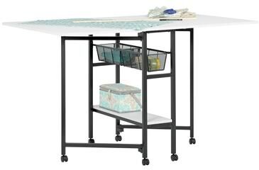"Sew Ready Standing Height (36"" H) Mobile Folding Expandable Fabric and Die Cutting Table with Craft Storage- Charcoal / White"