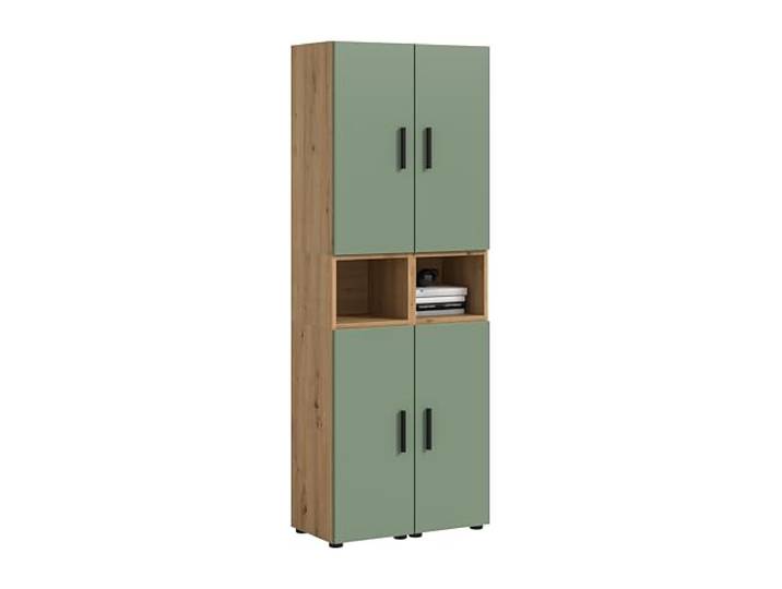 xonox.home – Wohnkombination The One 65x178x34 cm in Artisan Oak und Smoke Green – Schmale Vitrine mit 4 Türen – 10 Fächer bieten platzsparende Lösungen & EIN modernes Highlight für den Flur