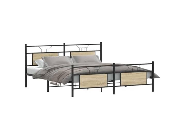 KTHLBRH Bettgestell aus Metall, Eiche Sonoma, 183 x 213 cm Lattenrost, Kopfteil und Fußteil, Stauraum, Stahl und Spanplatte