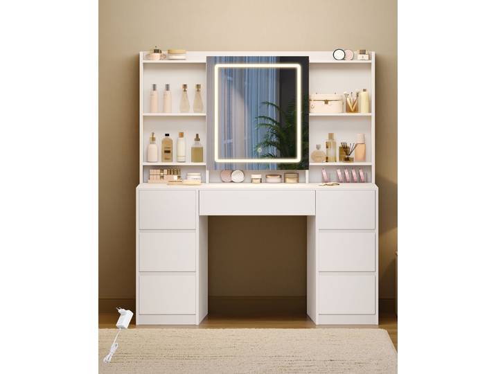 Table de maquillage avec lumières, grand miroir LED, luminosité réglable, bureau de maquillage avec 7 tiroirs, 4 étagères