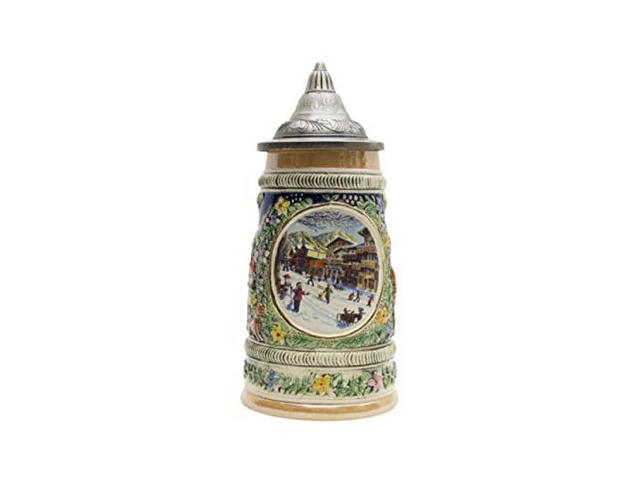 0,55 l Deutsche Bierkrüge mit Deckel – Winterszene Keramik Sammlerstück Bierkrug – Traditionelle deutsche Steins für Bierliebhaber, Männer, Geschenke & Home Bar Dekor