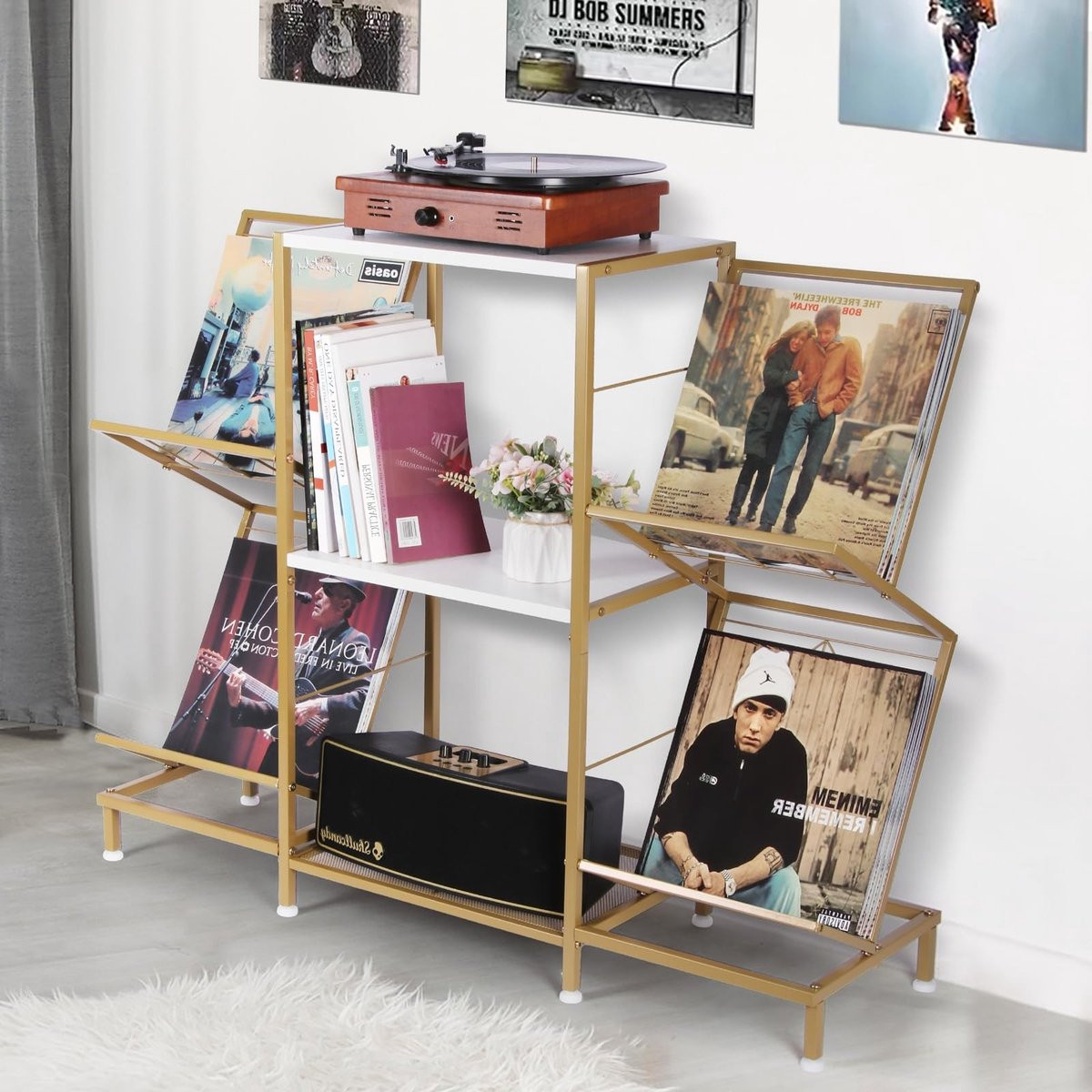 Omgoods Turntable Stand met 4 Laags Vinylopslag en Stalen Frame