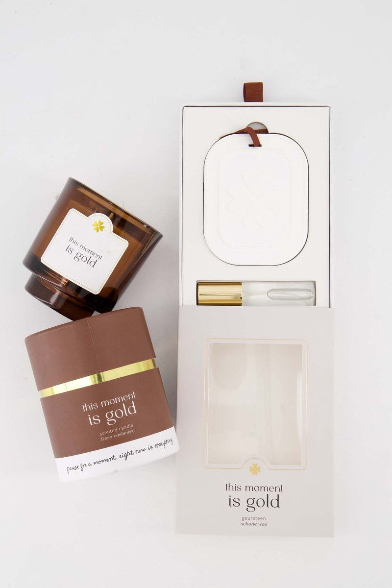 Zusss Cadeauset met Geursteen en Geurkaars This Moment Is Gold - White / Sand - 7,5 x 9,5 cm