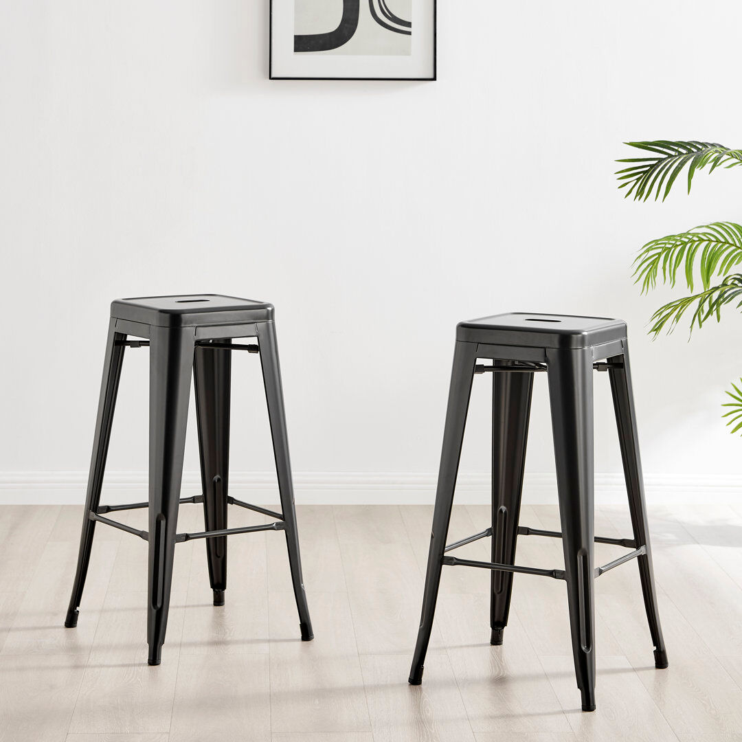 Borough Wharf Honora Classic Industrial Metal Breakfast Bar Stool - Style Bold Colour Stackable Black 76cm H X 43cm W X 43cm D