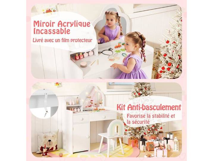 GIANTEX 2 en 1 Coiffeuse Enfant avec Chaise Plateau Amovible 2 Tiroirs 1 Armoire Kit Anti-Basculement pour 3-7 Ans