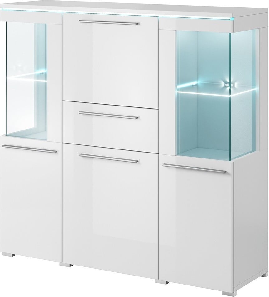 Meublorama Bombay hoog buffet voor de woonkamer in glanzend wit met geïntegreerde multikleur LED-verlichting