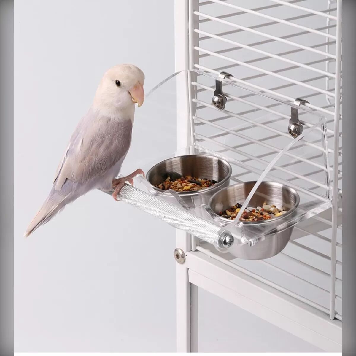 INF Acryl Doppel-Vogelfutternapf mit Edelstahlnäpfen und Haken