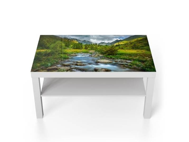 DEQORI Glastisch weiß groß 90x50 cm Motiv Idyllischer Bergfluss ausgefallener Beistelltisch aus Glas Hochglanz Couchtisch fürs Wohnzimmer moderner Couch Tisch mit Design