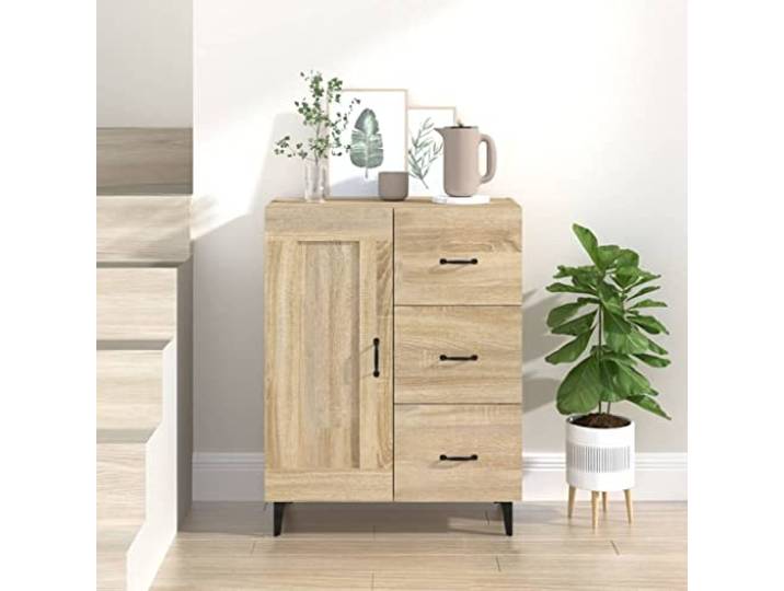 RJPLMFV Anrichte Eiche Sonoma, 69,5 x 34 x 90 cm, Holz Schmaler Aufbewahrungsschrank, Bücherfächer, Oberseite für Dekoration, Wandbefestigung inklusive