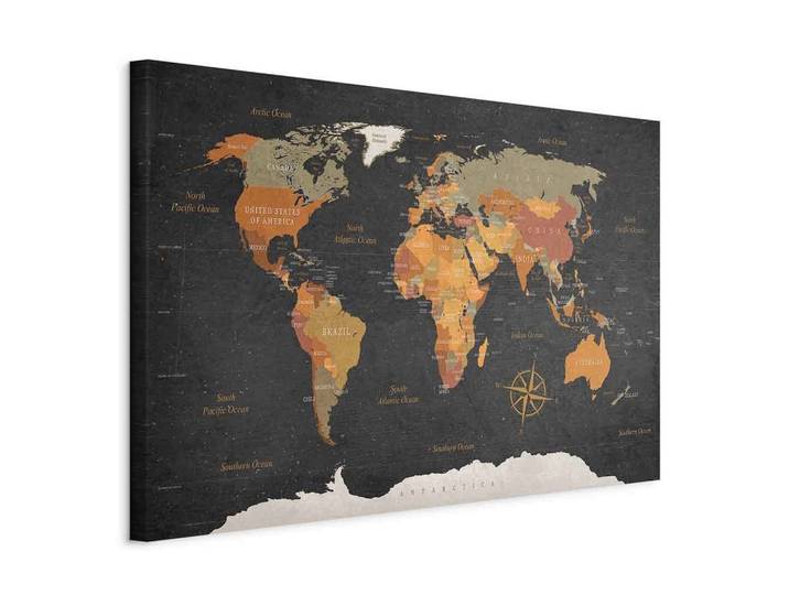 Leinwandbild World Map Dunkelgrün/Hellbraun