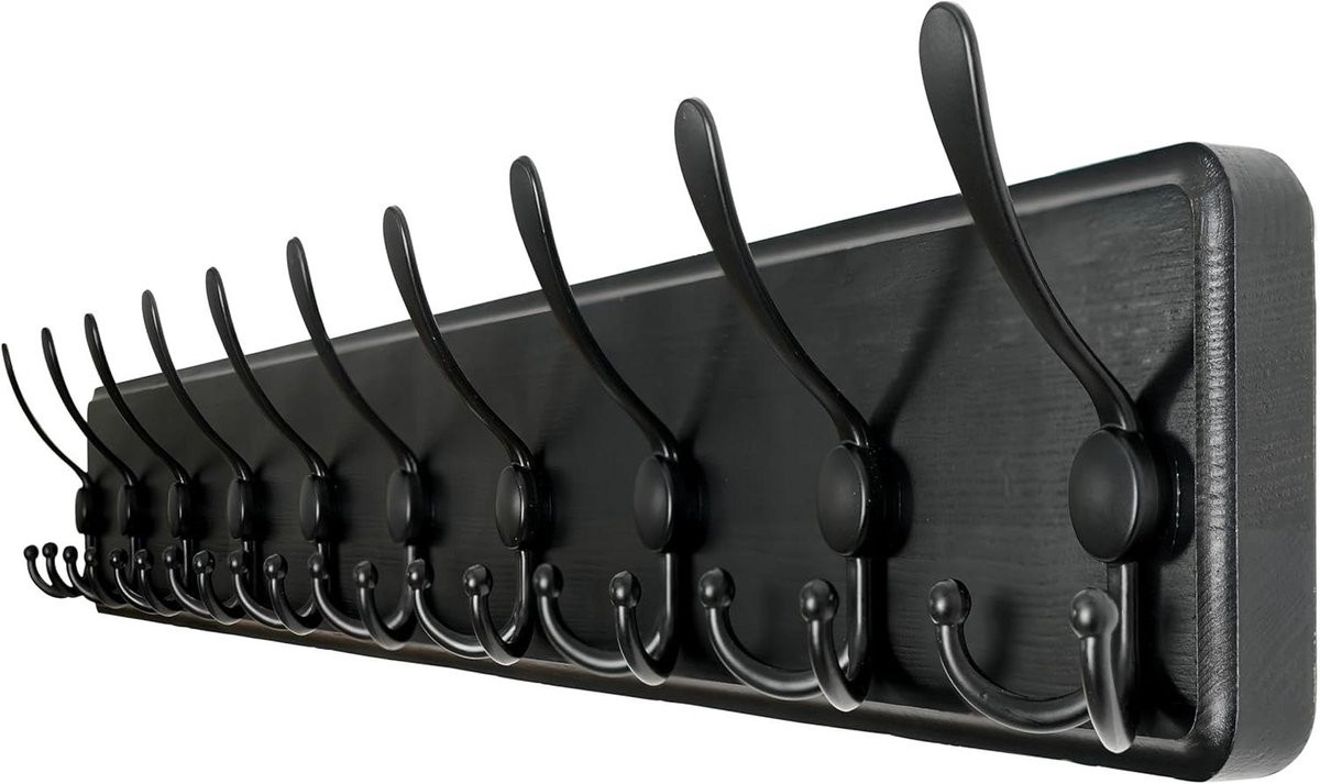 Zwarte houten wandkapstok met 10 triple haken, Lengte: 98 cm