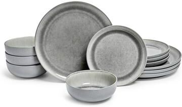 Sango Asher 12-Piece Gray Stoneware Dinnerware Set - Service for 4, Plate & Bowl Set