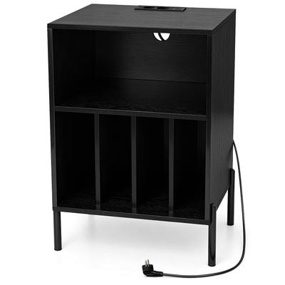 COSTWAY Plattenspieler-Ständer mit Ladestation, 4 Trennwänden, 53x45x78,5 cm, Schwarz