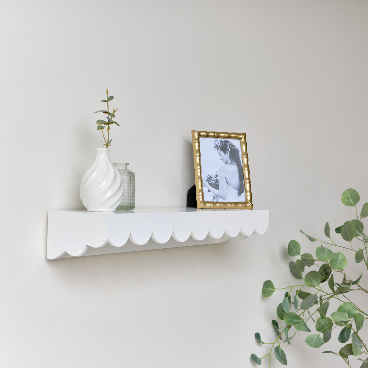 Large White Scalloped Wall Storage Shelf - 61cm Wood, Metal