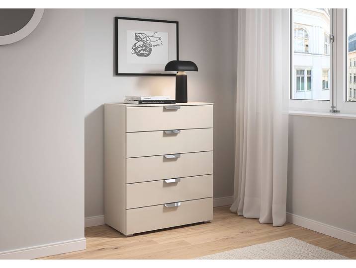 Commode Aditio avec 5 tiroirs 80cm Beige/Verre cachemire/Cachemire Argenté