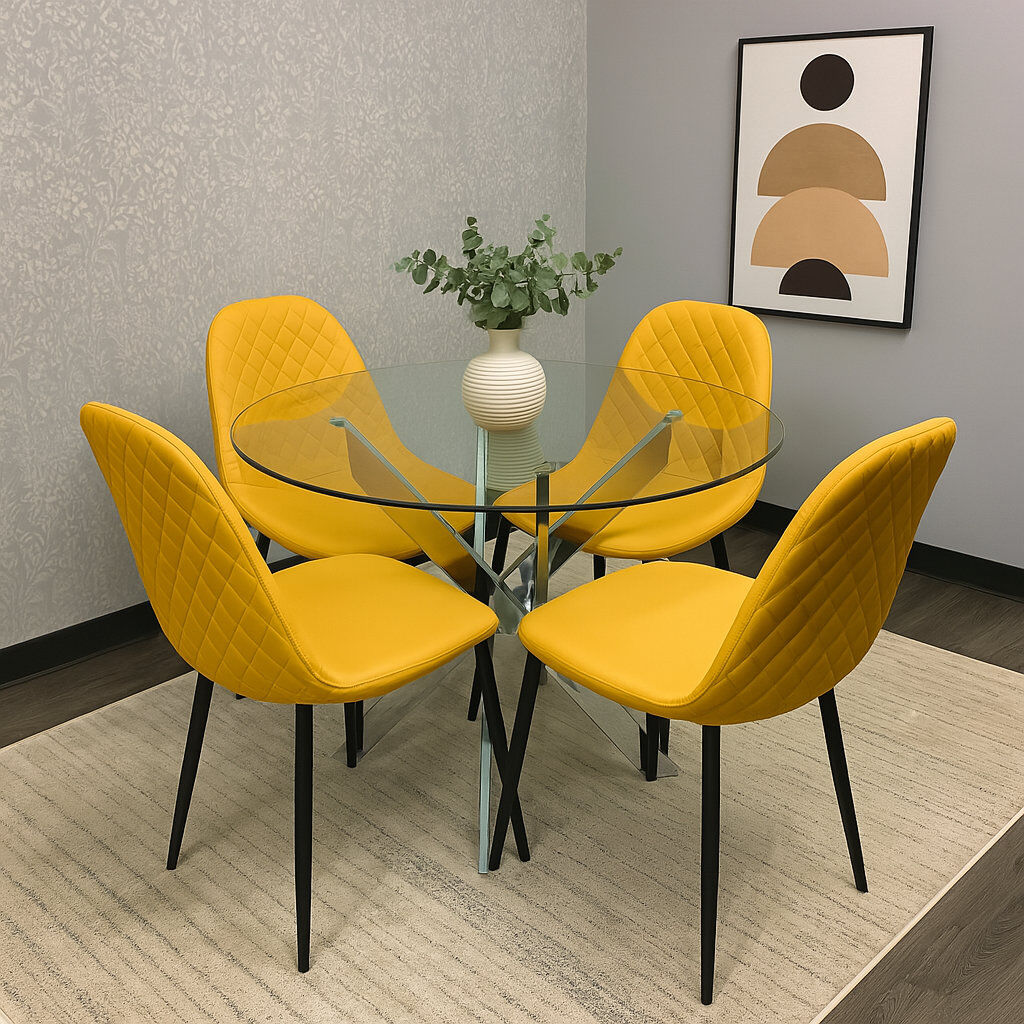 KOSY KOALA Maya Round Glass Dining Table with 4 Gem Chairs Chrome Finish Black 4