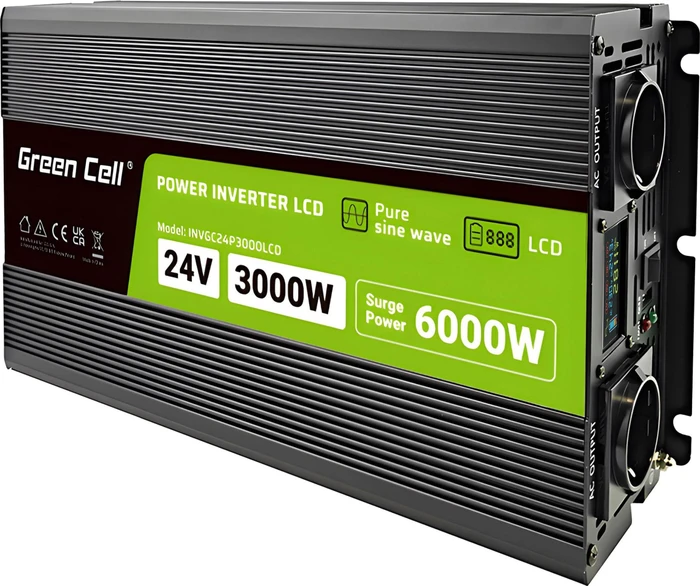 Green Cell Przetwornica napicia PowerInverter LCD 24 V 3000W/60000W Przetwornica samochodowa z wywietlaczem - czysty sinus Netzteil & Spannu