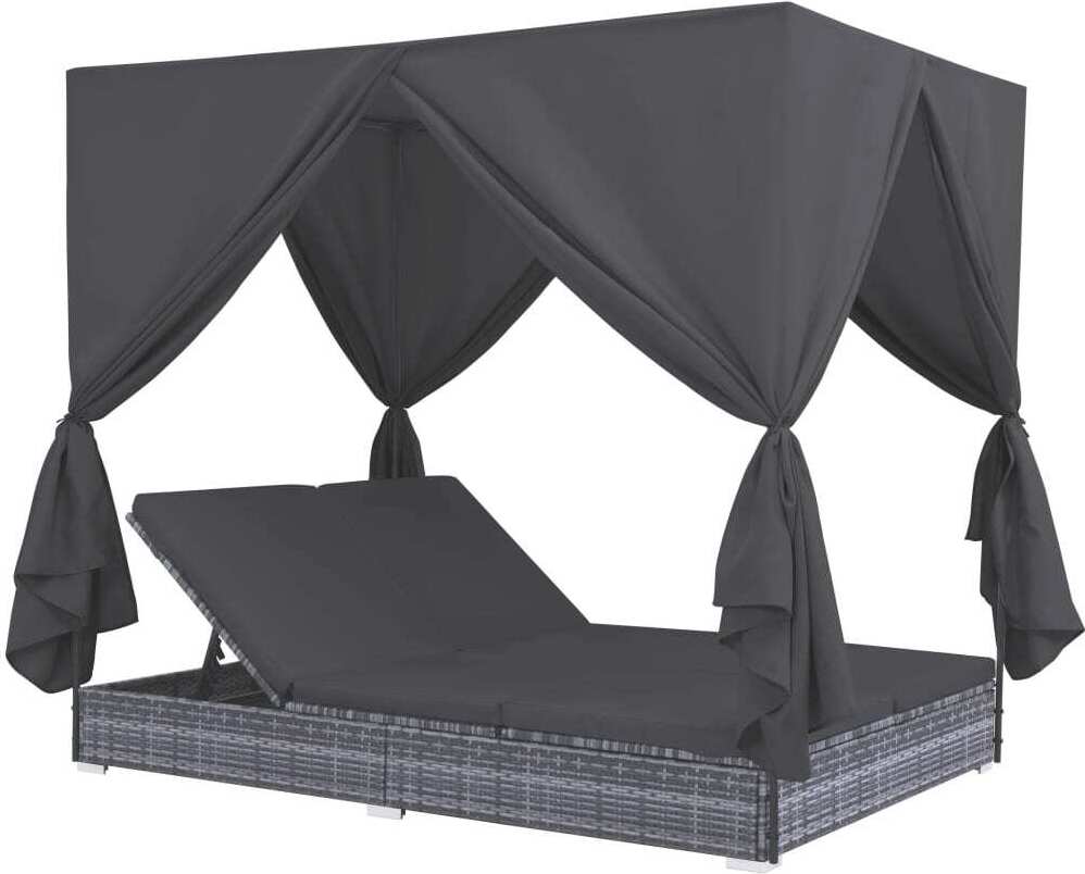 Outdoor-Lounge-Bett mit Vorhängen Poly Rattan Grau