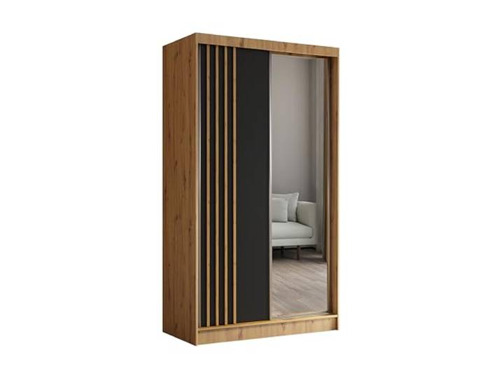 Margaret Hadas24 Kleiderschrank mit Lamellen und Spiegel, Organizer, Mehrzweckschrank, Schwebetürenschrank, Garderobenschrank, Kleiderstange, Kleiderständer, Flurschrank, 120 cm, braun, schwarz,