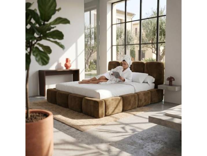 Muffo Polsterbett mit Bettkasten Velours 180x200 Braun Doppelbett, Stauraum, klappbarer Metalllattenrost, Hebemechanismus, gepolstertes Kopfteil, Whisper
