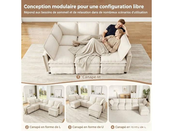 Canapé modulable 6 places - 344x127x91 cm - canape angle - canape convertible en lit - Canape d'angle - chenille - beige