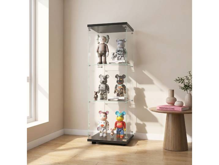 Vitrine en verre trempé Comanlai, noire, 3 niveaux, porte simple, armoire de rangement, vitrine pour objets de collection