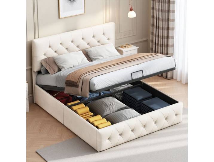 Lit coffre 140x200 - Lit double coffre avec tête de lit réglable-Lit 2 personnes avec rangement-Sommier à Lattes-Lit 140x200-Abricot
