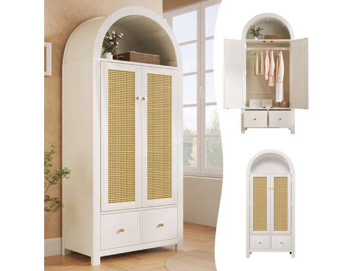 HOMVRA Armoire de chambre 78x45x181 cm - Penderie avec 2 portes en cannage 2 tiroirs et tringle - Bois - Blanc