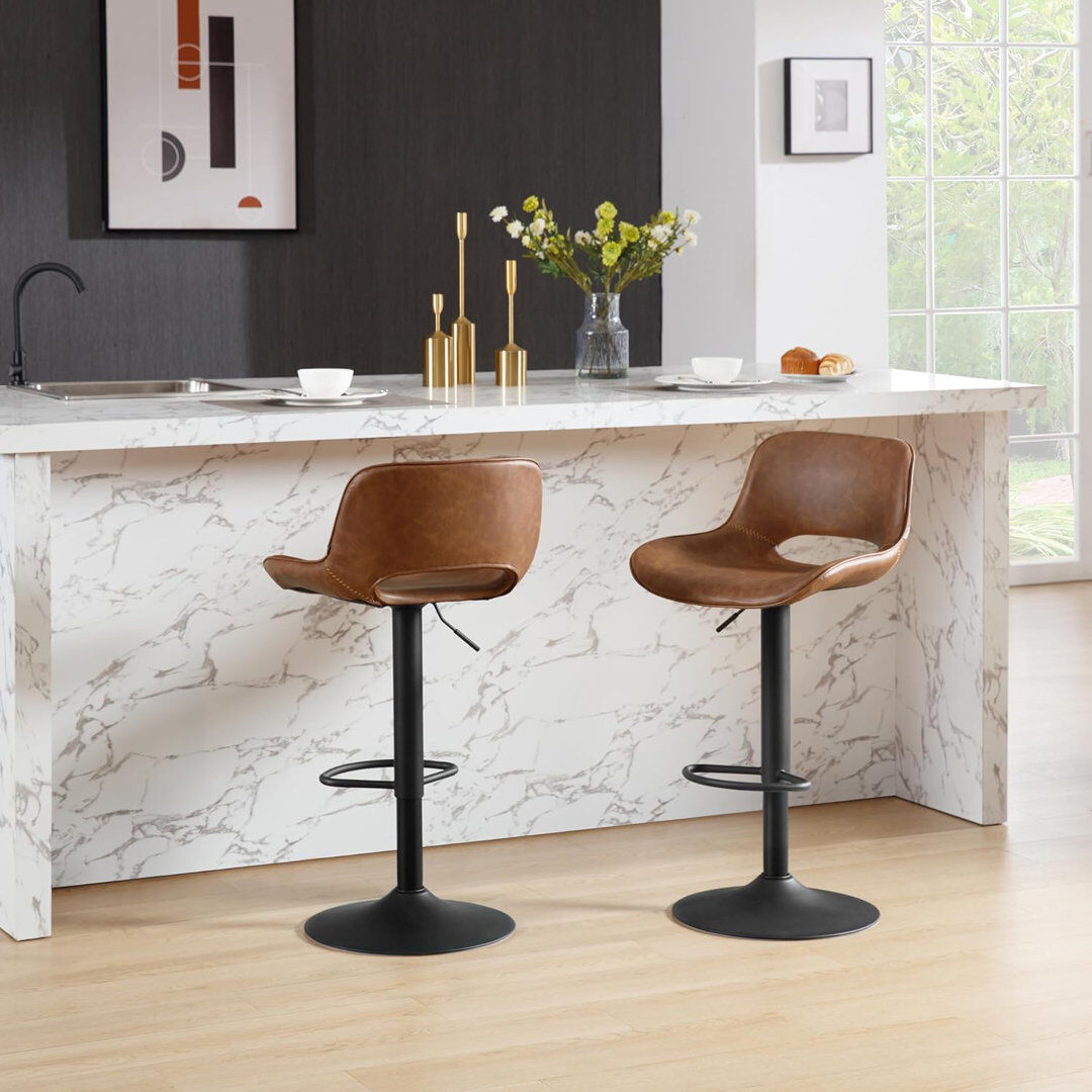George Oliver Raekwon Swivel Upholstered Faux Leather Adjustable Height Bar Stool with Iron Frame Brown 1