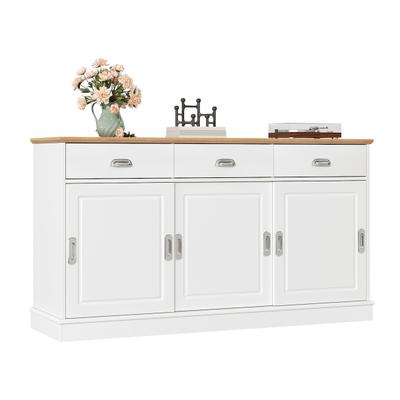 Merax Sideboard 140 x 40 x 77 cm mit 3 Schubladen, 3 Schiebetüren, MDF-Korpus und silberfarbenen Griffen, Weiß