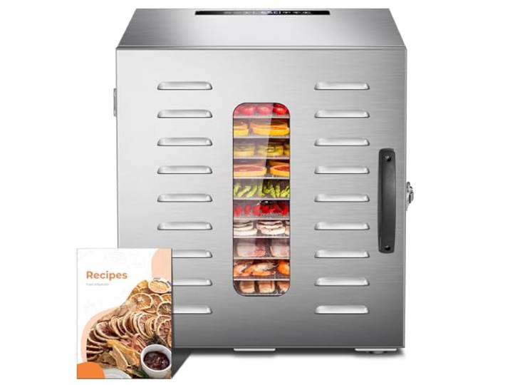 Kwasyo Dörrautomat Edelstahl DA 1000, XXL-Dörrfläche 1,1 m², Dörrgerät Temperatur einstellbar 30-90℃, LED-Display, 24 Std, BPA-frei, mit Rezeptheft, 10 Edelstahl-Dörrtabletts