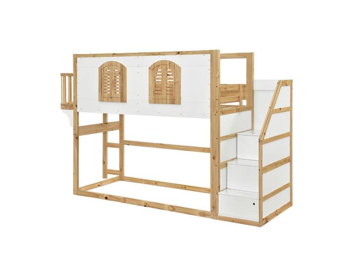 ComfortXL Hochbett 90/200 cm De-32726 mit Treppenschrank und Spielfläche Weiß+Natur, Naturfarben, Holz, 90x200 cm, Babymöbel & Kindermöbel, Kinderzimmer & Jugendzimmer, Kinderbetten, Hochbetten