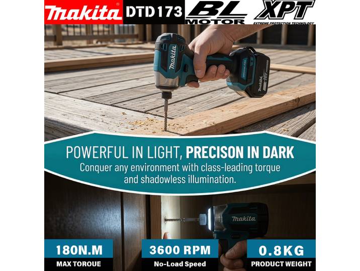 Makita DTD173 1800RPM 180Nm Visseuse à percussion sans fil 180Nm Moteur sans balais Perceuse électrique Mode T pour vis à bois pour batterie Makita