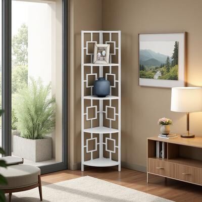 ZWYO HOSIMU 62in Laminate+Metal 4-Tier Corner Etagere Bookshelf with Fan-Shaped Shelves, Display Rack with 3-Leg Frame & Space-Saving