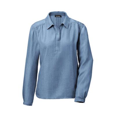Klassische Bluse GOLDNER "Denimbluse mit offenem Hemdkragen", Damen, Gr. 46, blau, Obermaterial: 100% Lyocell CLY., figurumspielend, Manschette, Blusen, Manschette