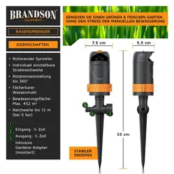Brandson, Rasensprenger, 3x Vielflächenregner Garten Sprinkler, 360° Rasensprenger, Gardena kompatibel (Flächenregner)