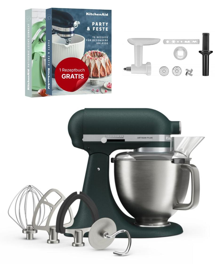KitchenAid 4,7 L 5KSM50 Artisan Plus Küchenmaschine Cookielover mit Fleischwolf + Spritzgebäckvorsatz Pebbled Palm