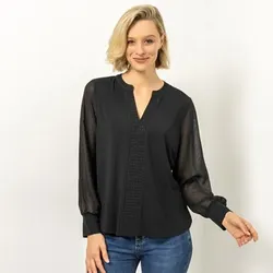 VIA MILANO Shirt, Langarm Rundhalsausschnitt Ärmel aus Chiffon Deko Steinchen