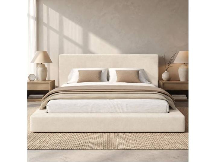 ULEVR Lit double rembourré 180 x 200 cm en chenille beige avec sommier à lattes inclus