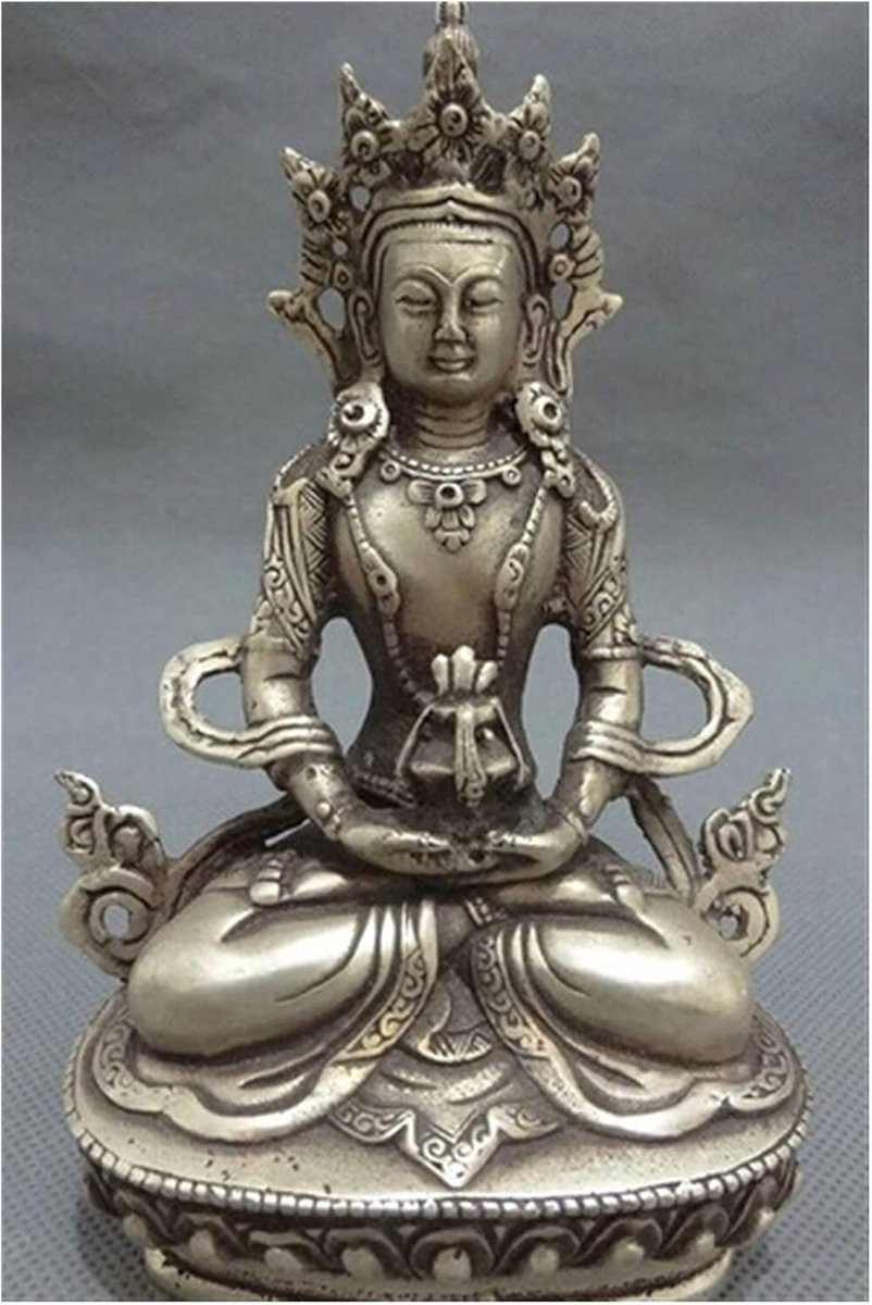 Zilveren Guanyin Boeddha Standbeeld voor Huisdecoratie, Hoogte: 14 cm