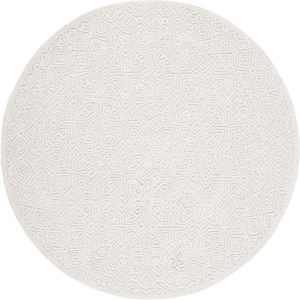 Ebern Designs Nithika Geometric Shapes Wool Hand Tufted Area Rug Ivory Round 183cm