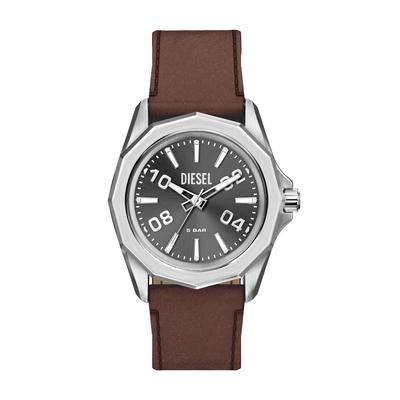 Quarzuhr DIESEL "Stinger 3-Hand", braun (braun, grau, grau), Armbanduhren, Herren, edelstahlfarben, Quarzuhr, Armbanduhr, Herrenuhr, Lederarmband, analog