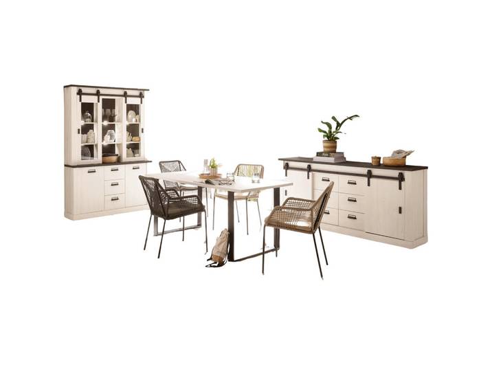 Furn.Design Esszimmer-Set weiß Pinie, anthrazit, Speisezimmer 3-teilig mit Buffetschrank, Esstisch, Sideboard, Weiß, Anthrazit, Nachbildung,Pinie, Uni, Rechteckig, 334x201x80 cm, Esszimmer