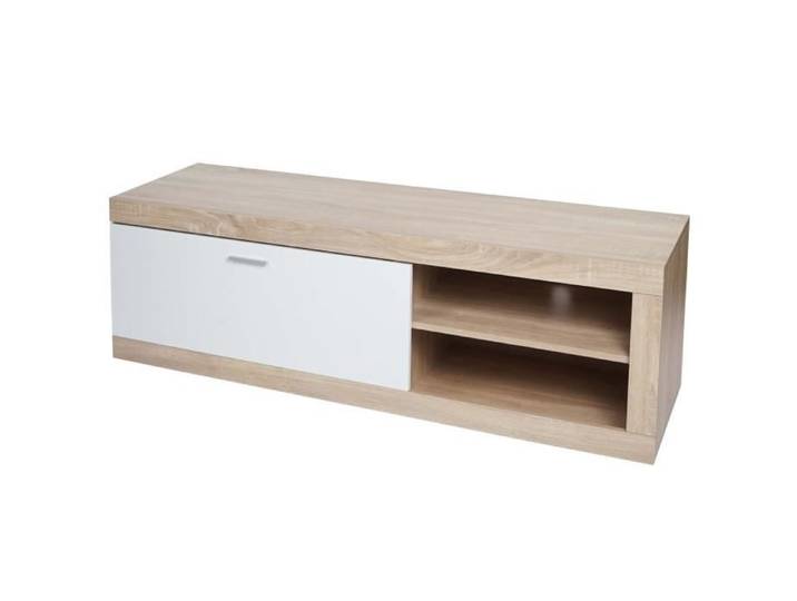 Rack TV HWC-L33 - Table TV Table basse Armoire TV Commode - bois 43x140x41cm Compartiment de rangement - aspect chêne - blanc