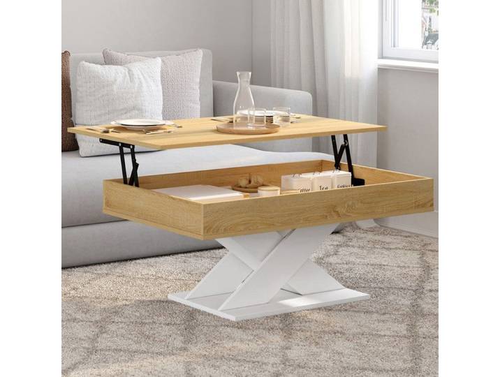 IDMARKET Table basse rectangulaire plateau relevable ALICIA bois et pied blanc