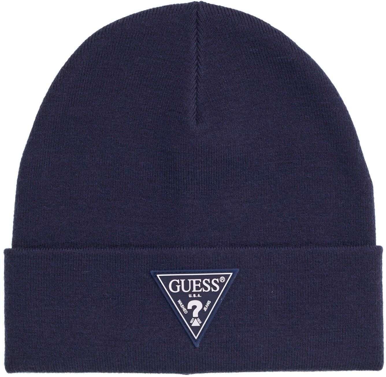 Beanie GUESS, Herren, Gr. M, blau, Feinstrick, Materialmix, unifarben, Mützen Beanie, mit Label-Aufnäher blau M