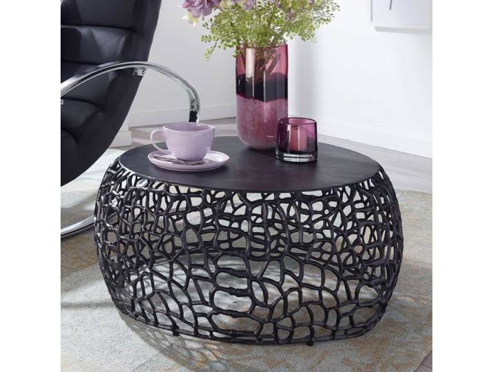 WOHNLING Table Basse Ronde 66x66x30 cm Aluminium Noire Structure Branche