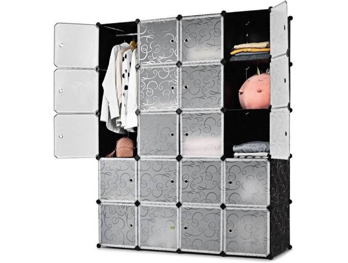 GOPLUS Armoire Penderie Portable 20 Cubes Étagère Modulable en Plastique avec Portes Crochets Dispositif Anti-Renversement